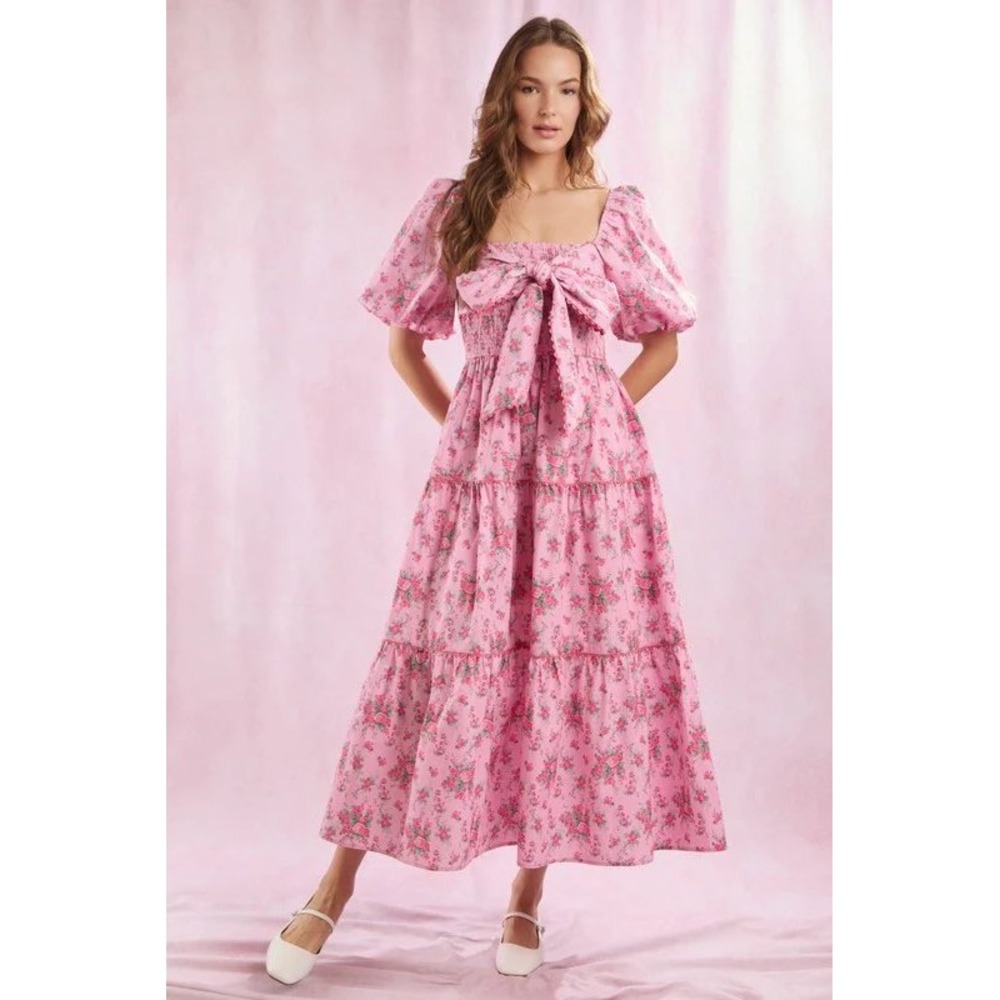 Peach Love California Pink Floral Maxi Dress with Bow